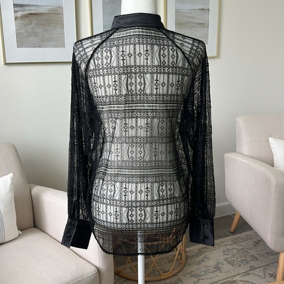 New Jason Wu Black Lace Satin Trim Raglan Sleeve Button Down Overshirt Blouse - Picture 8 of 16